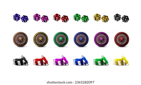 A set of casino roulette, chips and poker dice in the colors blue, yellow, orange, black, purple, red and green on a white background.