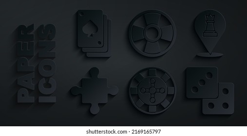 Set Casino roulette wheel, Chess, Puzzle pieces toy, Game dice, chip and Playing cards icon. Vector