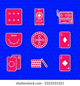 Set Casino roulette wheel, chips, Playing card with spades, diamonds, Deck of playing cards, Poker table, Slot machine and Game dice icon. Vector