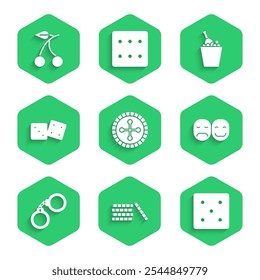 Set Casino roulette wheel, chips, Game dice, Poker player, Handcuffs, Champagne bucket and slot machine with cherry icon. Vector