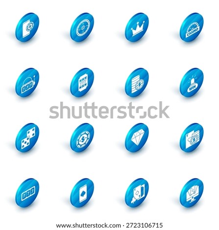 Set Casino roulette wheel, Crown, signboard, Slot machine with lucky sevens jackpot, Game dice, win and chip dollar icon. Vector