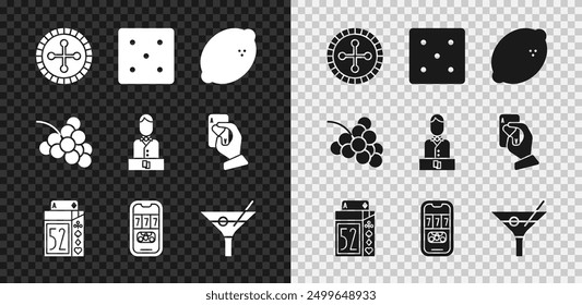 Set Casino roulette wheel, Game dice, slot machine with lemon, Deck of playing cards, poker tournament invitation, Martini glass, grape and dealer icon. Vector