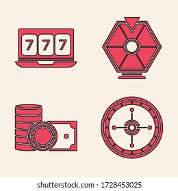 Set Casino roulette wheel, Online slot machine with lucky sevens jackpot, Lucky wheel and Casino chips and stacks money cash icon. Vector