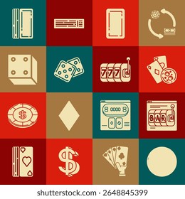 Set roda de roleta Casino, slot machine Online, Jogando cartas e vidro de uísque com cubos de gelo, volta, dados do jogo, jogo Deck jogando e Slot sortudo sevens ícone jackpot. Vetor