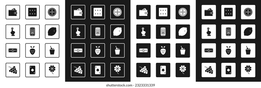 Set Casino roulette wheel, poker tournament invitation, Hand holding casino chips, Wallet with money, slot machine lemon, Game dice, Champagne bucket and Stacks paper cash icon. Vector