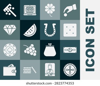 Set Casino roulette wheel, Stacks paper money cash, Game dice, slot machine with clover, watermelon, Diamond, Stick for chips and Horseshoe icon. Vector