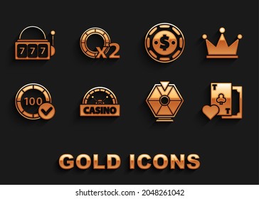 Set Casino signboard, Crown, Playing card with clubs symbol, Lucky wheel, chips, dollar, Slot machine lucky sevens jackpot and  icon. Vector