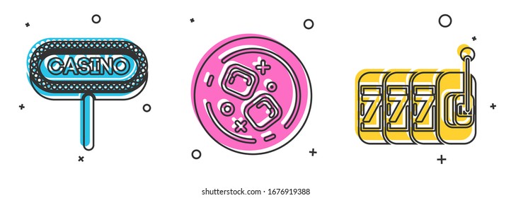 Set Casino signboard, Glass of whiskey and ice cubes and Slot machine with lucky sevens jackpot icon. Vector