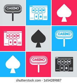 Set Casino signboard, Online poker table game and Playing card with spades symbol icon. Vector