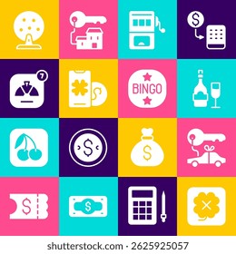 Set Casino slot machine, Car gift, Champagne bottle with glass, Slot, Online poker table game, Lucky wheel, Lottery and Bingo icon. Vector