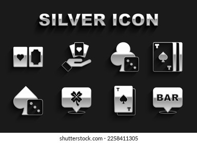 Set Casino slot machine with clover, Deck of playing cards, Alcohol bar location, Playing spades, Game dice,  and Hand holding icon. Vector
