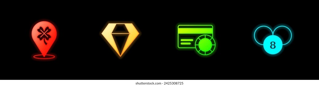 Set Casino slot machine with clover, Diamond, Credit card and Lottery ball bingo icon. Vector