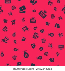 Set Casino slot machine with clover, Deck of playing cards, Hand holding and Online jackpot on seamless pattern. Vector