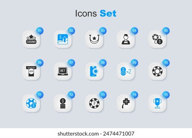 Set Casino slot machine with clover, Online sports betting, Financial growth increase, Football money, poker trophy cup, chips, signboard and  icon. Vector