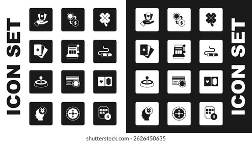 Set Casino slot machine with clover, Slot, Deck of playing cards, Hand holding, Cigar, chips exchange on money,  and roulette wheel icon. Vector