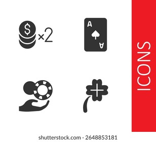 Set Casino slot machine com trevo, dólar chip, mão segurando fichas de casino e Jogando cartão spades ícone símbolo. Vetor