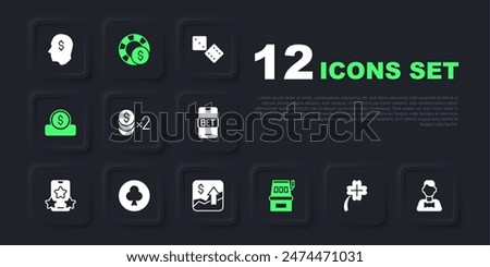 Set Casino slot machine with clover, dealer, chip dollar, Slot, Coin money, Playing card clubs symbol, chips and Financial growth increase icon. Vector