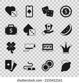 Set Casino slot machine with lemon, Joker playing card, watermelon, Game dice, Briefcase and money,  and Hand holding cards icon. Vector