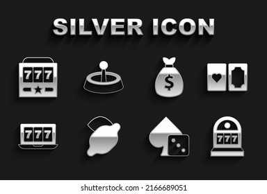 Set Casino slot machine with lemon, Deck of playing cards, Slot jackpot, Game dice, Online, Money bag,  and roulette wheel icon. Vector