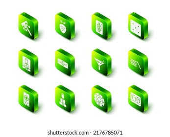 Set Casino slot machine with strawberry, King playing card diamonds, Game dice, chips, Slot lucky sevens, Martini glass,  and dealer icon. Vector