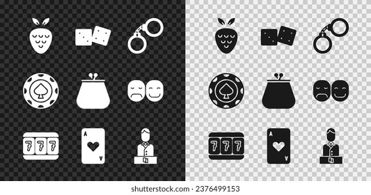 Set Casino slot machine with strawberry, Game dice, Handcuffs, Slot lucky sevens, Playing card heart, dealer, chips and Wallet icon. Vector