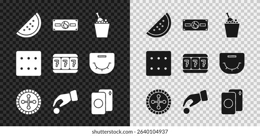 Set Casino slot machine with watermelon, Champagne an ice bucket, roulette wheel, Hand holding casino chips, Deck of playing cards, Game dice and Slot lucky sevens icon. Vector