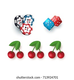 Set of casino symbols - slot machine jackpot cherry, chips, tokens and dices, vector illustration isolated on white background. Set of gambling, casino symbols - tokens, dices and jackpot cherry