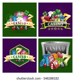 Set of casino vector illustrations with chips, card symbols, playing cards, dice, ribbon and lucky seven symbol.