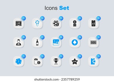 Set Casino win, Bottle of wine, chips, with dollar, Online sports betting, Slot machine jackpot, poker table game and Financial growth increase icon. Vector