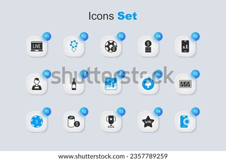 Set Casino win, Bottle of wine, chips, with dollar, Online sports betting, Slot machine jackpot, poker table game and Financial growth increase icon. Vector