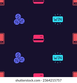 Set Casino win, chip with dollar, Credit card and Lottery ticket on seamless pattern. Vector