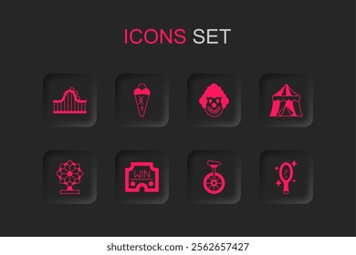 Set Casino win, Ice cream waffle, Roller coaster, Unicycle, Circus tent, Magic hand mirror, Clown head and Ferris wheel icon. Vector