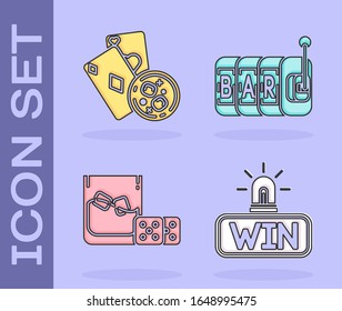 Set Casino win, Playing cards and glass of whiskey with ice cubes, Game dice and glass of whiskey with ice cubes and Slot machine icon. Vector