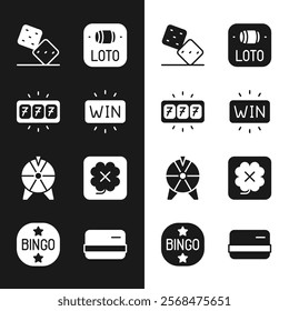 Set Casino win, Slot machine with jackpot, Game dice, Lottery ticket, Lucky wheel, slot, Credit card and Bingo icon. Vector