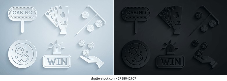 Set Casino win, Stick for chips, Glass of whiskey and ice cubes, Hand holding casino, playing cards and signboard icon. Vector
