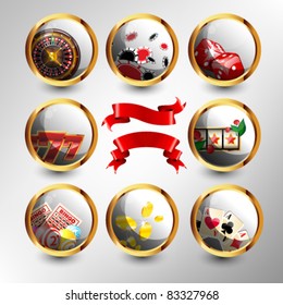 Set of casino`s icons with red ribbons