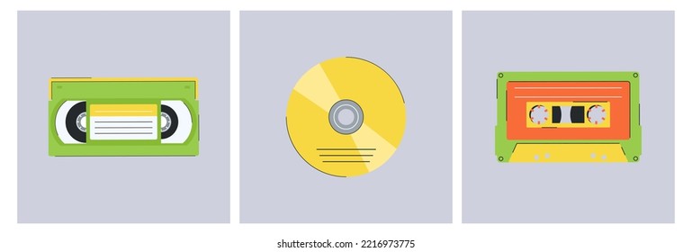 Set of cassete and disk of the 1990s. Set of vector elements in retro design. 90's style vector objects. 