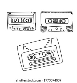 Set of cassette tape outline, elements for cassette recorder, hand draw illusration for design and creativity