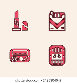 Set Cassette tape player, Lipstick, Cigarettes pack box and Pager icon. Vector