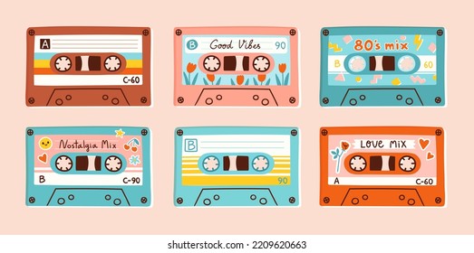 Set of cassette tapes in colorful retro style. Vector illustration of compact cassettes and mixtapes including love songs and 80s mix. Elements are isolated.