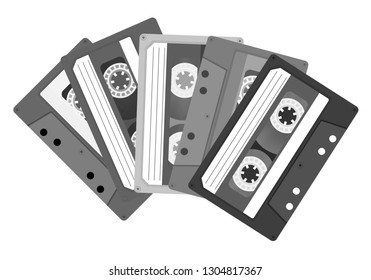 Set with cassettes. Several black and white retro cassettes. Vector illustration.