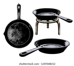 
Set of cast iron frying pans. Vector vintage illustration of kitchen utensils. Clipart.