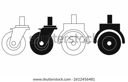 Set of caster wheel vector icons in outline and solid styles. Perfect for furniture, trolley, industrial, and hardware illustrations. Editable stroke
