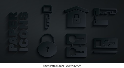 Set Casting keys, Marked, Lock, Key card, House under protection and  icon. Vector