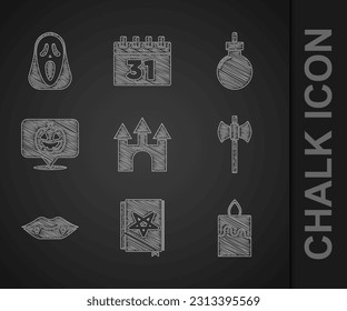 Set Castle, Ancient magic book, Burning candle, Wooden axe, Vampire teeth, Pumpkin, Bomb ready to explode and Funny scary ghost mask icon. Vector