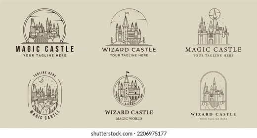 set of castle architecture logo vector line simple illustration template icon graphic design. bundle collection of various building of magic sign or symbol for print apparel t-shirt