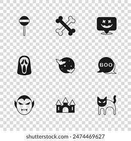 Set Castle, Boo speech bubble, Black cat, Moon and stars, Happy Halloween holiday, Lollipop, Crossed bones and Funny scary ghost mask icon. Vector