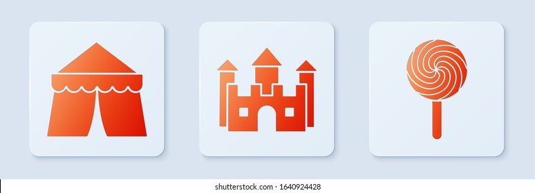 Set Castle, Circus tent and Lollipop. White square button. Vector