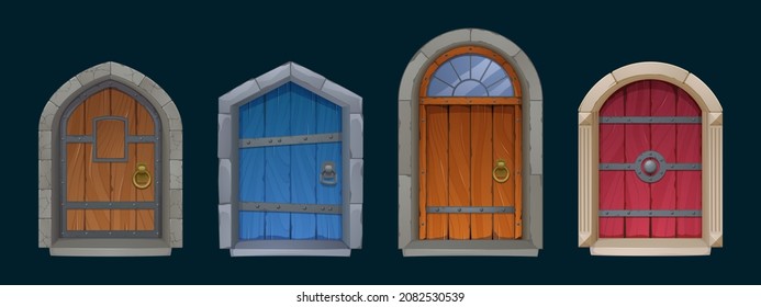 Set of castle doors, cartoon dungeon or palace fairy tale gates, medieval fairytale arched entries. Exterior design elements with wood planks, forgery, glass decor and ring knobs, Vector illustration