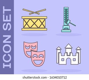 Set Castle, Drum with drum sticks, Comedy theatrical masks and High striker attraction with big hammer icon. Vector